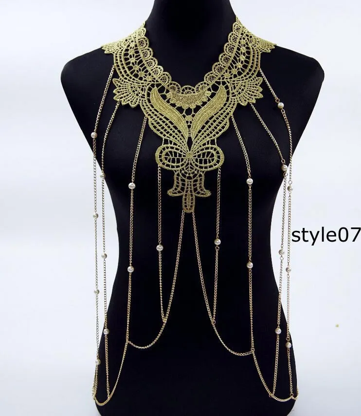 Lace Body chain Women Flower Collar Choker Gold Body Chains Hollow out Gothic Big body Necklace Multilayer Party Jewelry