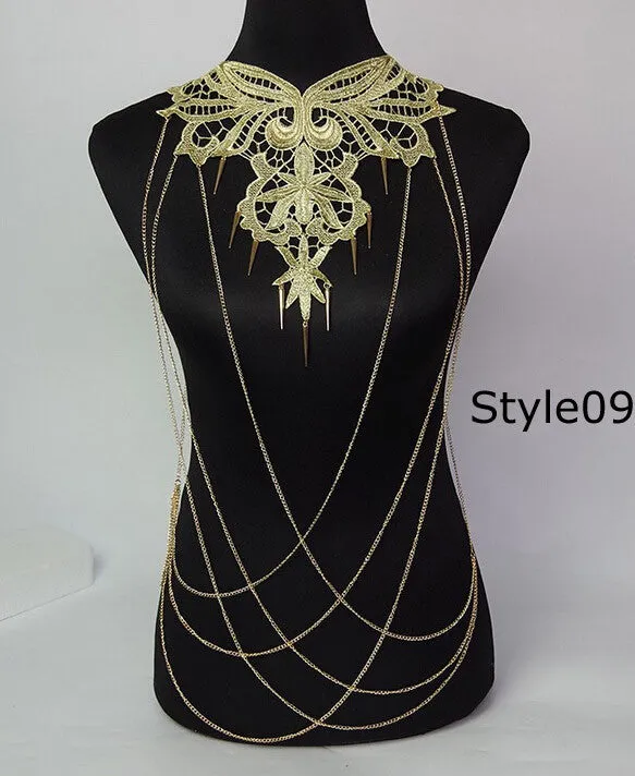Lace Body chain Women Flower Collar Choker Gold Body Chains Hollow out Gothic Big body Necklace Multilayer Party Jewelry