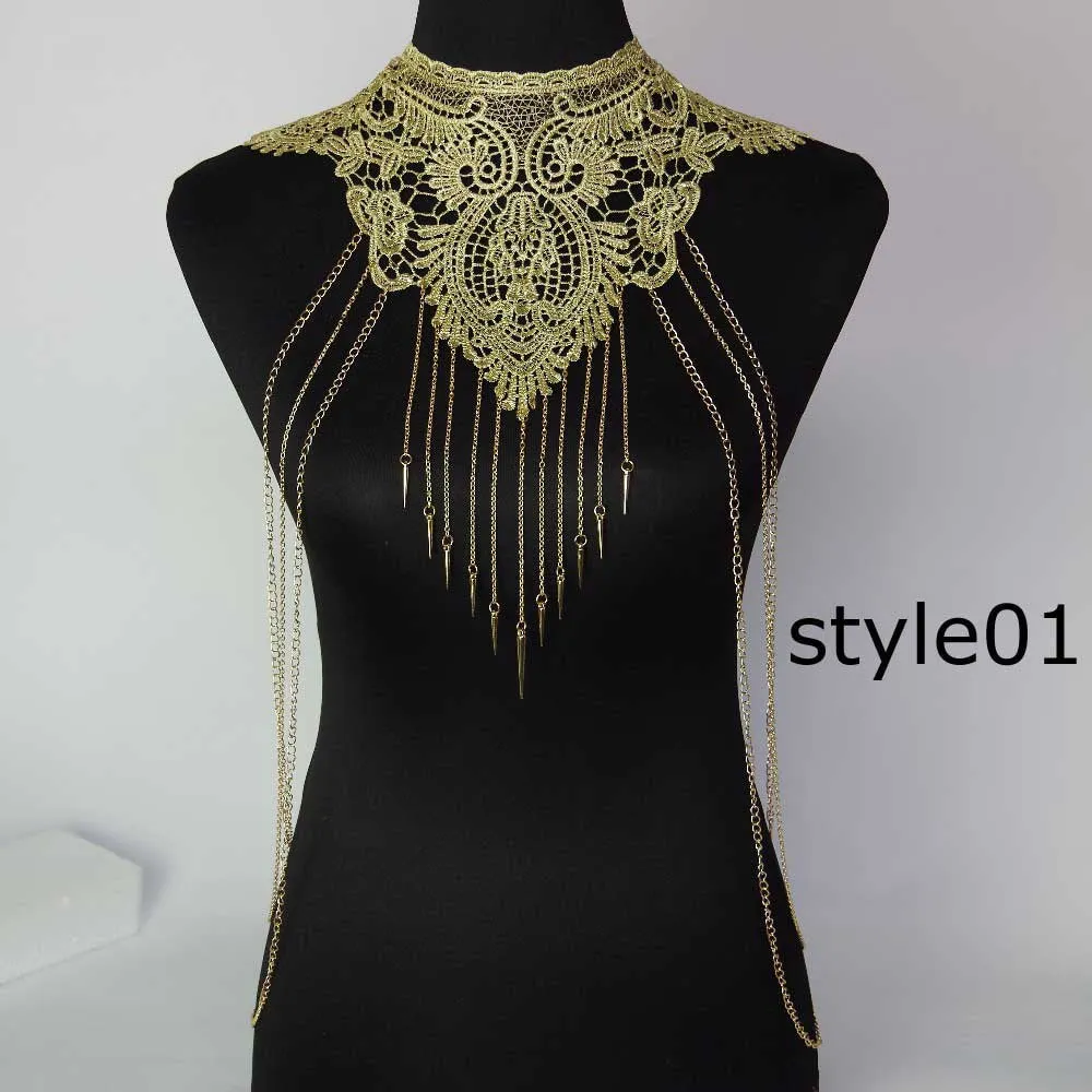 Lace Body chain Women Flower Collar Choker Gold Body Chains Hollow out Gothic Big body Necklace Multilayer Party Jewelry