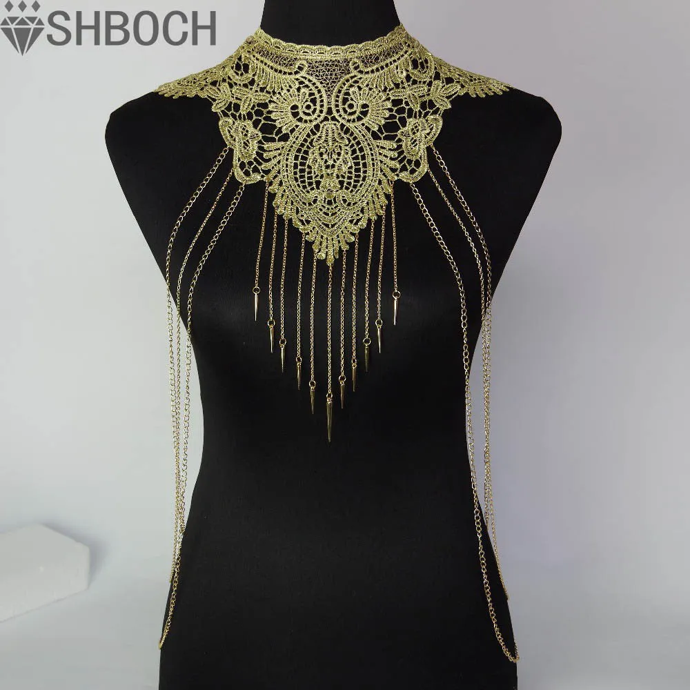 Lace Body chain Women Flower Collar Choker Gold Body Chains Hollow out Gothic Big body Necklace Multilayer Party Jewelry