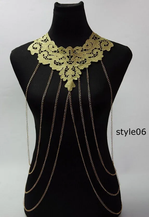 Lace Body chain Women Flower Collar Choker Gold Body Chains Hollow out Gothic Big body Necklace Multilayer Party Jewelry