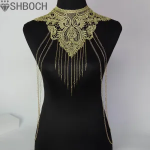 Lace Body chain Women Flower Collar Choker Gold Body Chains Hollow out Gothic Big body Necklace Multilayer Party Jewelry