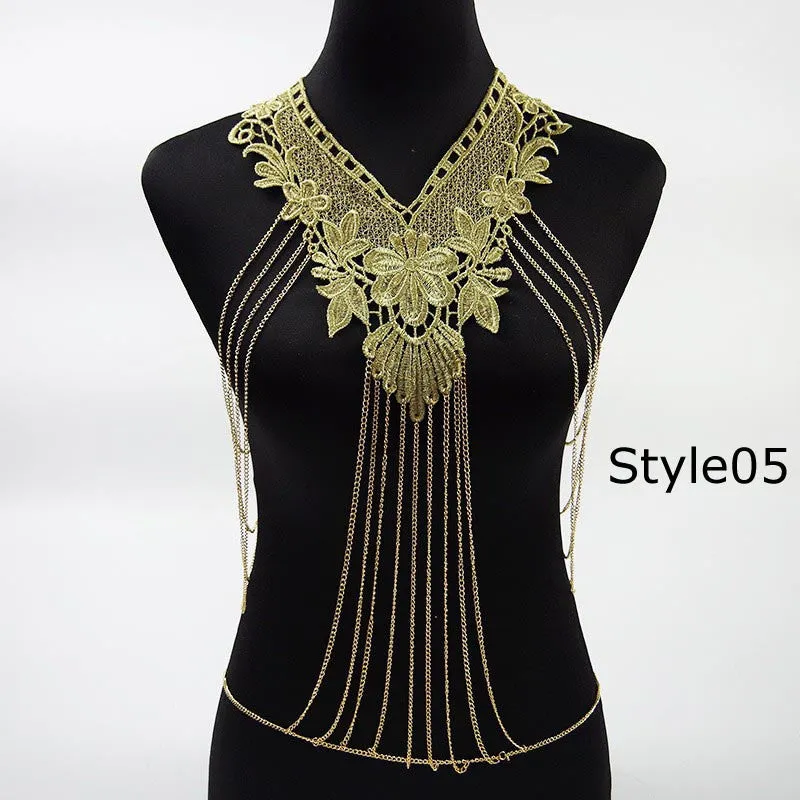 Lace Body chain Women Flower Collar Choker Gold Body Chains Hollow out Gothic Big body Necklace Multilayer Party Jewelry