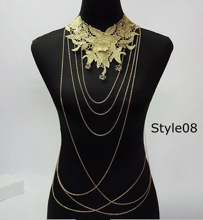 Lace Body chain Women Flower Collar Choker Gold Body Chains Hollow out Gothic Big body Necklace Multilayer Party Jewelry