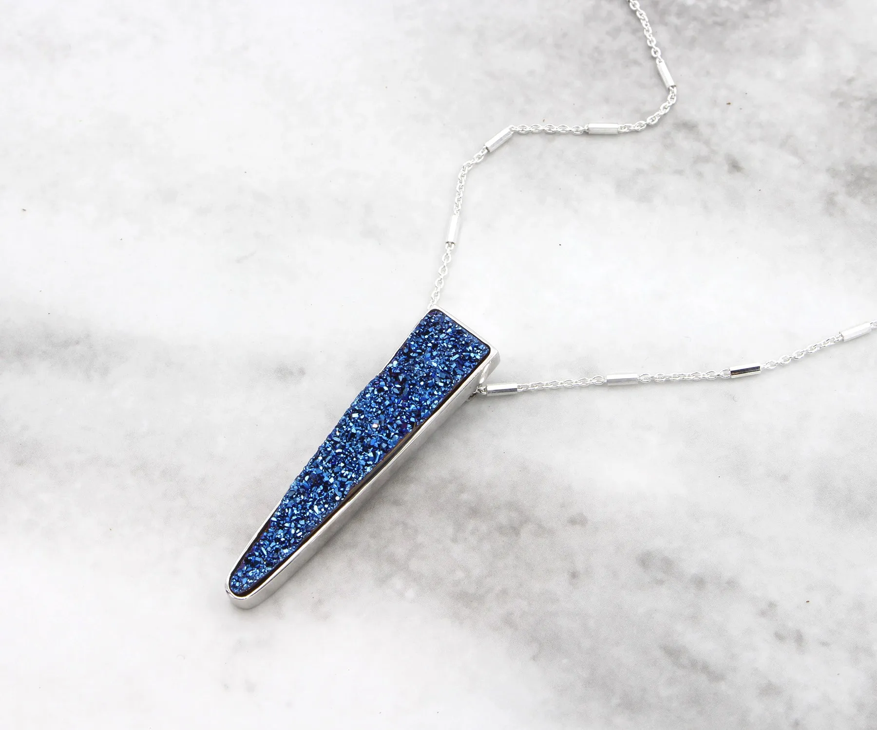 Large Elongated Triangle Blue Druzy Necklace