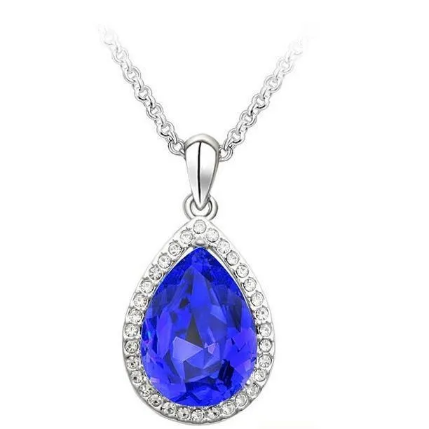 Luxury Simple Big Water Drop Pendant Necklace Silver Color Purple Crystal Necklace Bohemia Jewelry For Woman
