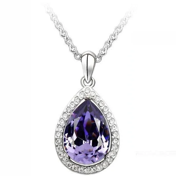 Luxury Simple Big Water Drop Pendant Necklace Silver Color Purple Crystal Necklace Bohemia Jewelry For Woman