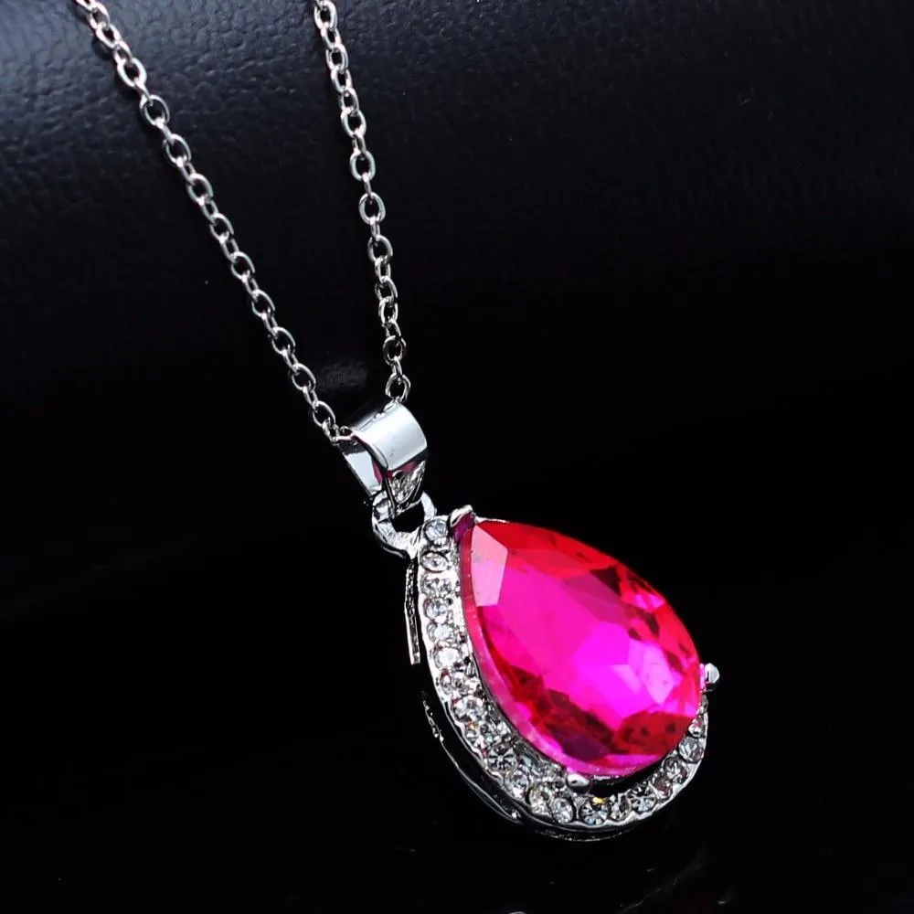 Luxury Simple Big Water Drop Pendant Necklace Silver Color Purple Crystal Necklace Bohemia Jewelry For Woman