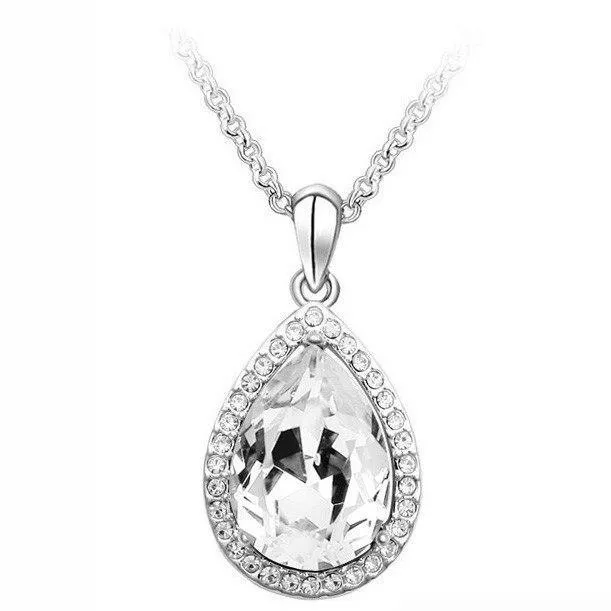 Luxury Simple Big Water Drop Pendant Necklace Silver Color Purple Crystal Necklace Bohemia Jewelry For Woman