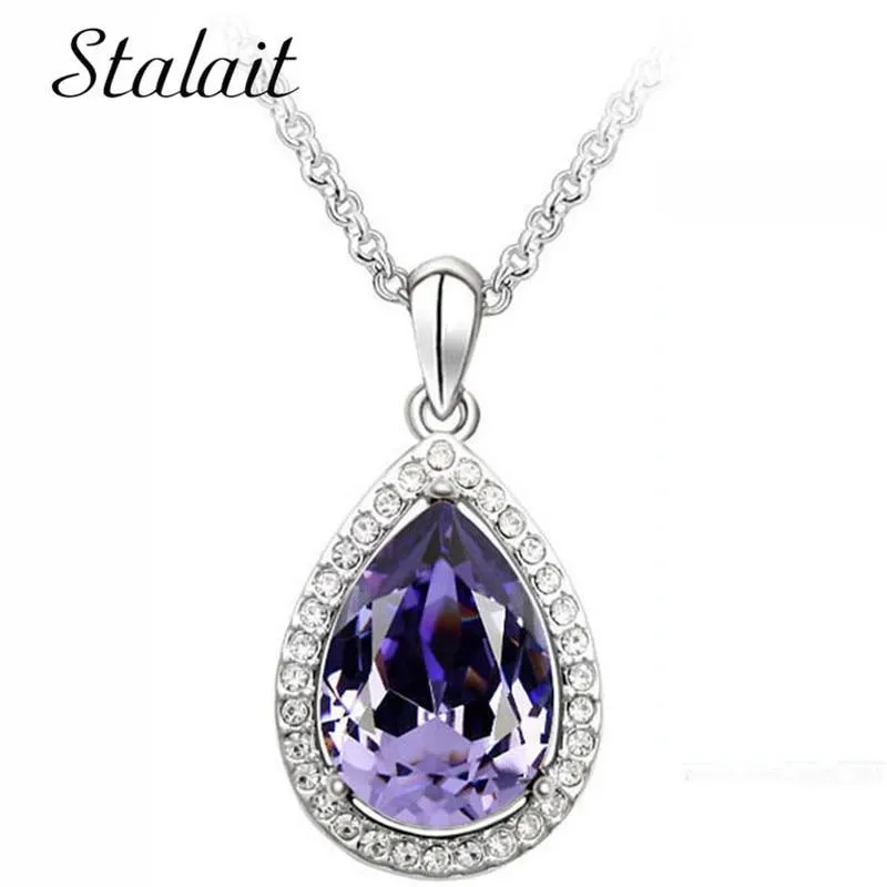 Luxury Simple Big Water Drop Pendant Necklace Silver Color Purple Crystal Necklace Bohemia Jewelry For Woman
