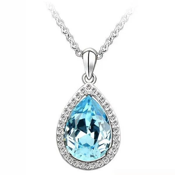 Luxury Simple Big Water Drop Pendant Necklace Silver Color Purple Crystal Necklace Bohemia Jewelry For Woman