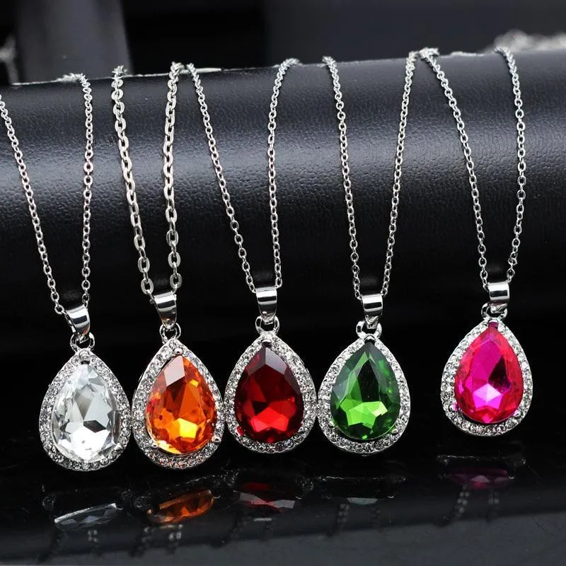 Luxury Simple Big Water Drop Pendant Necklace Silver Color Purple Crystal Necklace Bohemia Jewelry For Woman