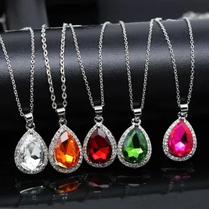 Luxury Simple Big Water Drop Pendant Necklace Silver Color Purple Crystal Necklace Bohemia Jewelry For Woman