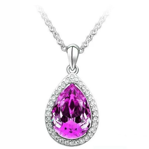 Luxury Simple Big Water Drop Pendant Necklace Silver Color Purple Crystal Necklace Bohemia Jewelry For Woman