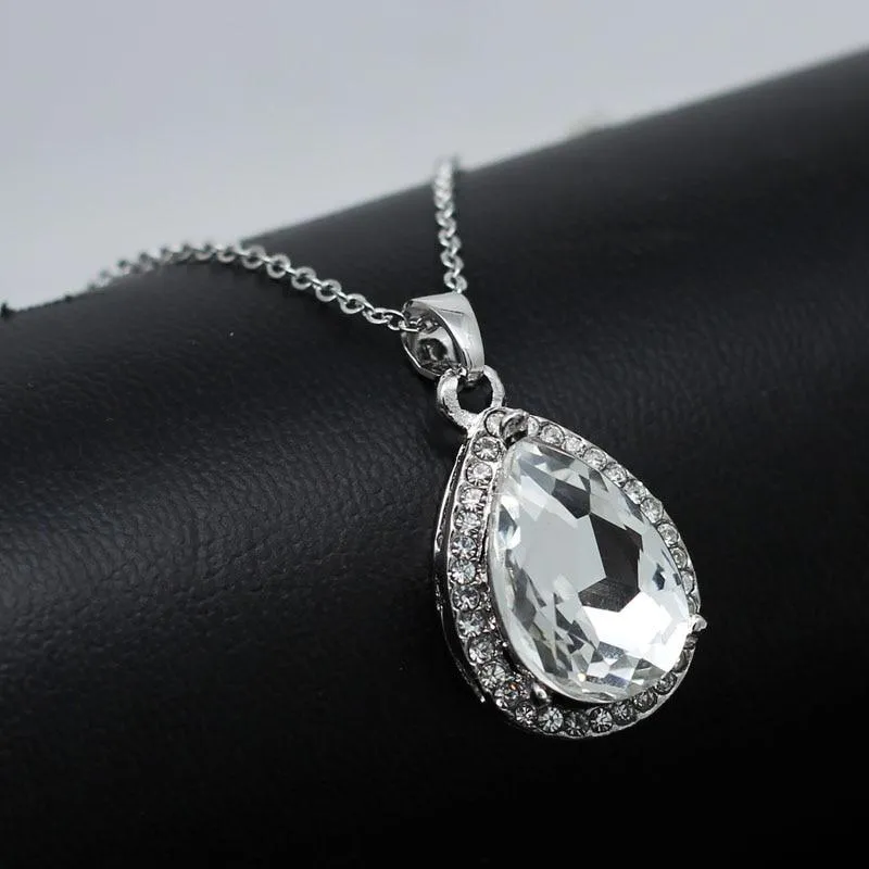 Luxury Simple Big Water Drop Pendant Necklace Silver Color Purple Crystal Necklace Bohemia Jewelry For Woman