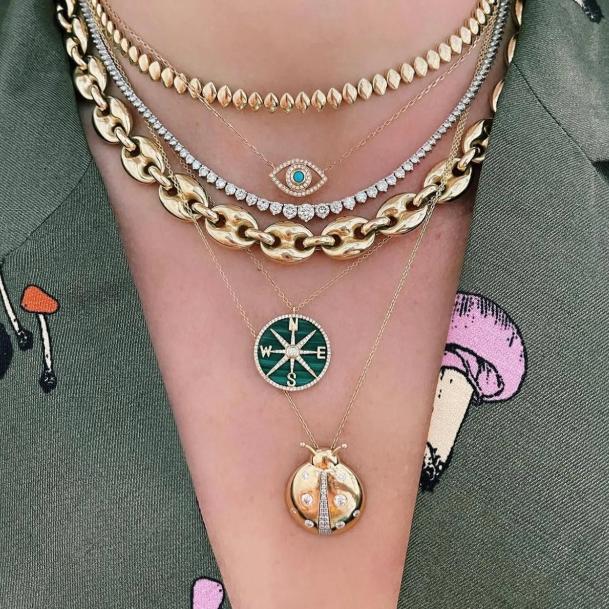 Malachite and Diamonds Compass Necklace