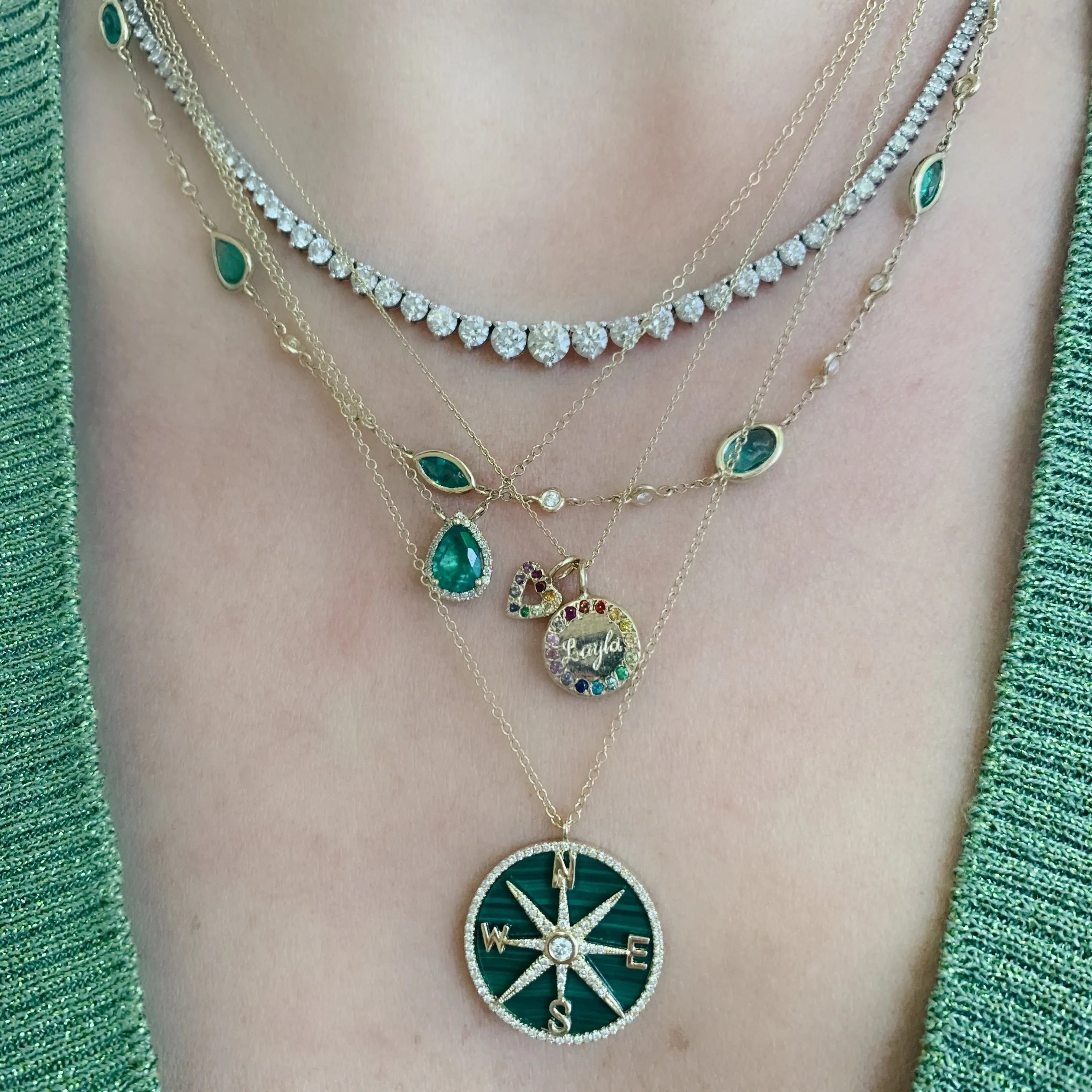 Malachite and Diamonds Compass Necklace