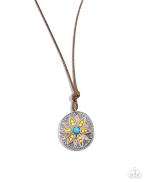 Mandala Marvel - Yellow - and Orange Painted Flower Turquoise Stone Paparazzi Short Necklace