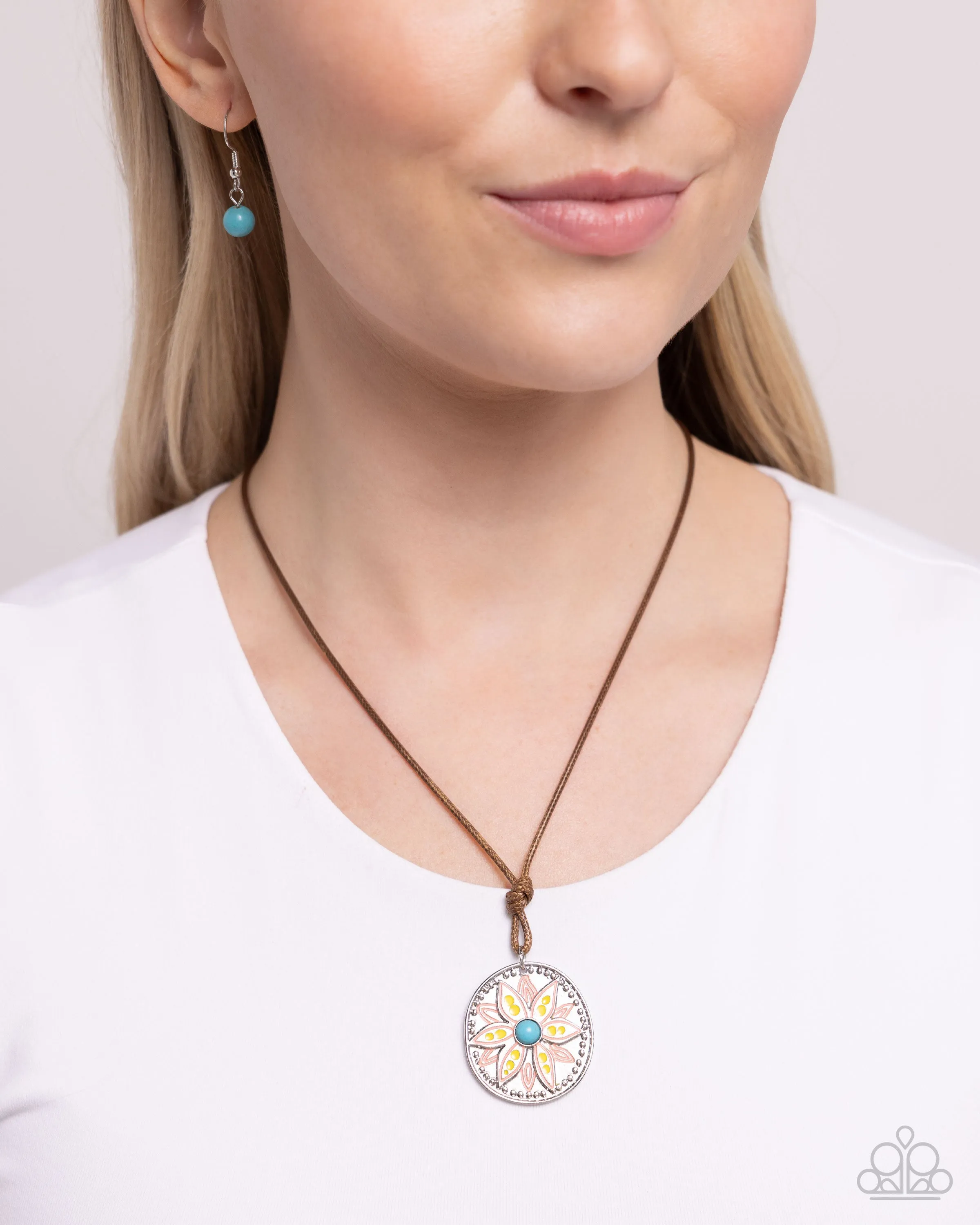 Mandala Marvel - Yellow - and Orange Painted Flower Turquoise Stone Paparazzi Short Necklace