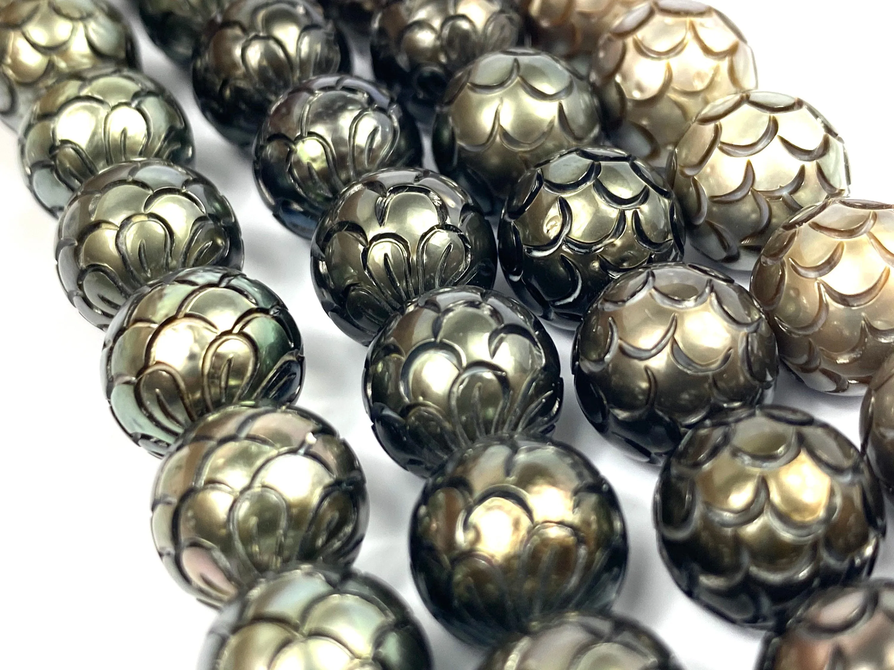 Mermaid Carved Tahitian Pearl and Palm Tree carved Strands 11mm-11.9mm