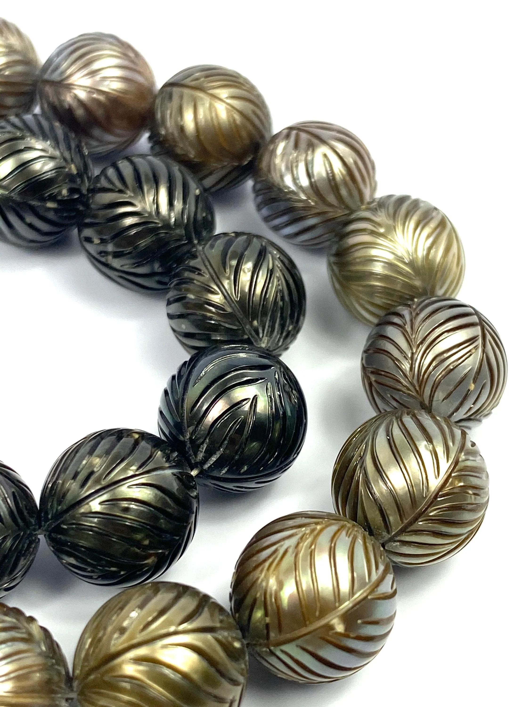 Mermaid Carved Tahitian Pearl and Palm Tree carved Strands 11mm-11.9mm