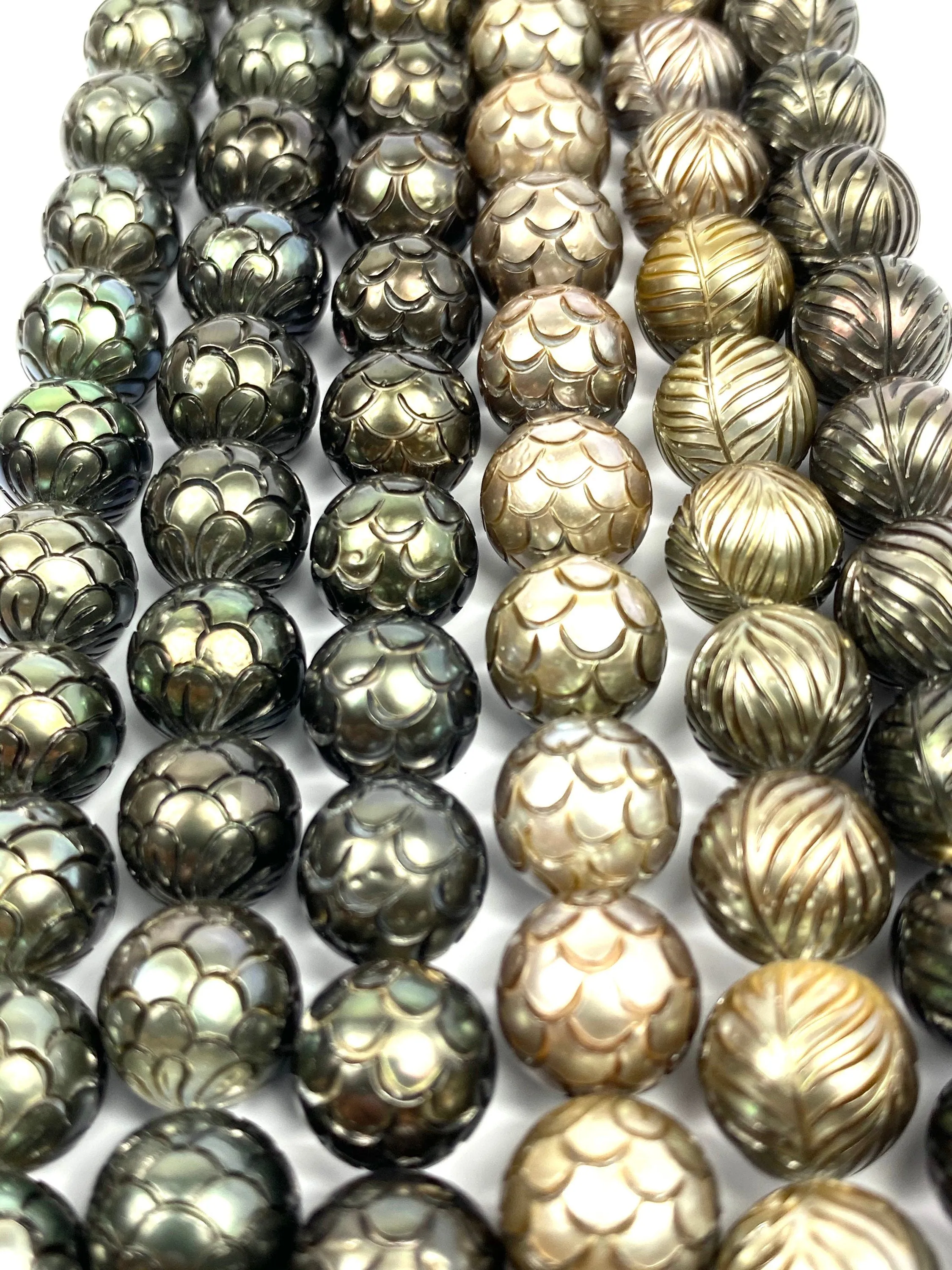 Mermaid Carved Tahitian Pearl and Palm Tree carved Strands 11mm-11.9mm