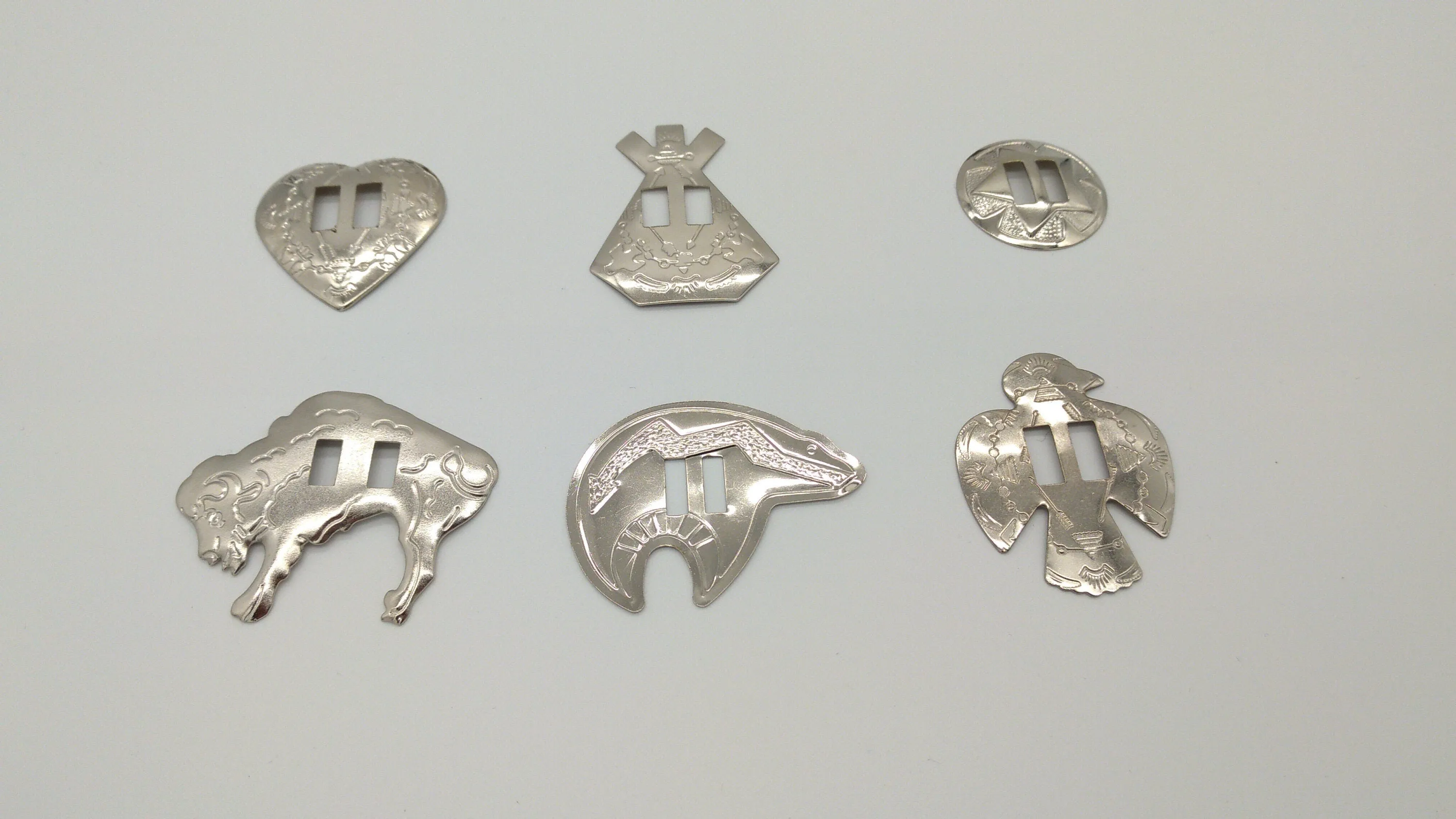 Metal Concho's for Texas Ties, Decoration, Regalia, Drums, Hair, Earrings, Jewelry, Eagle, Buffalo, Bear, Wigwam/Ti-pi, Heart, Circle