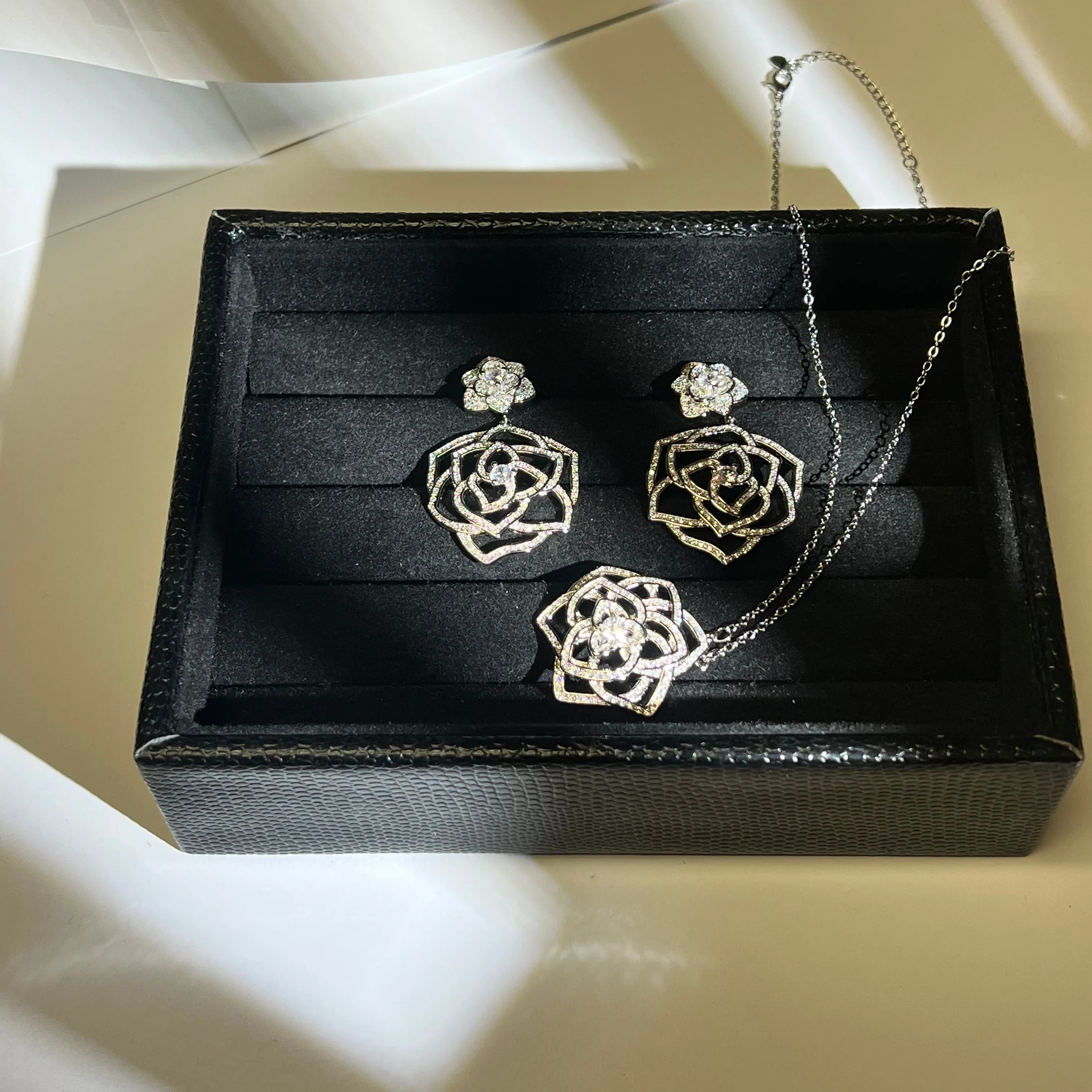 Micro Zircon Inlaid Camellia Flower Silver Necklace