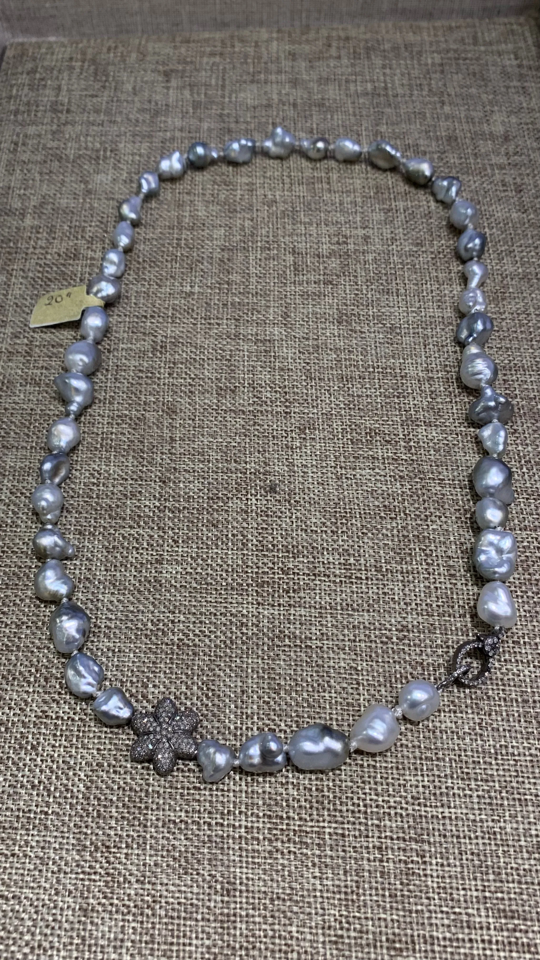 Mid-length Necklace | Keshi Pearls w/ Diamond Flower & Clasp | 20”