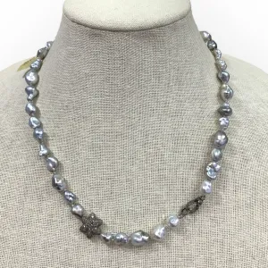 Mid-length Necklace | Keshi Pearls w/ Diamond Flower & Clasp | 20”