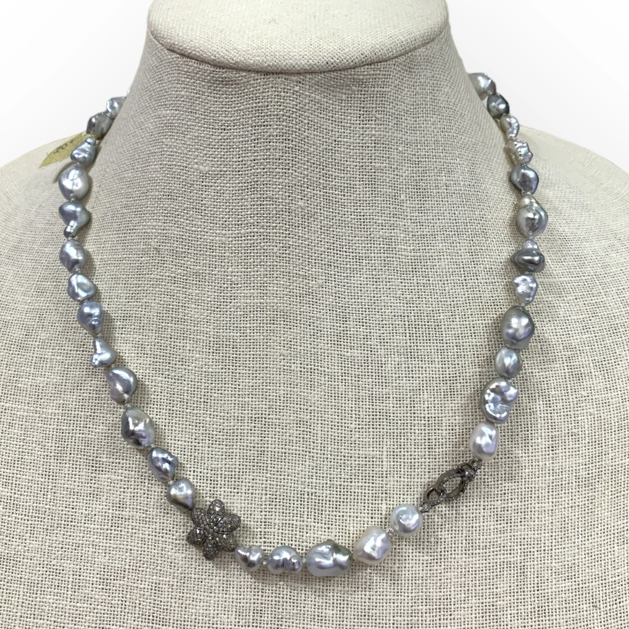 Mid-length Necklace | Keshi Pearls w/ Diamond Flower & Clasp | 20”