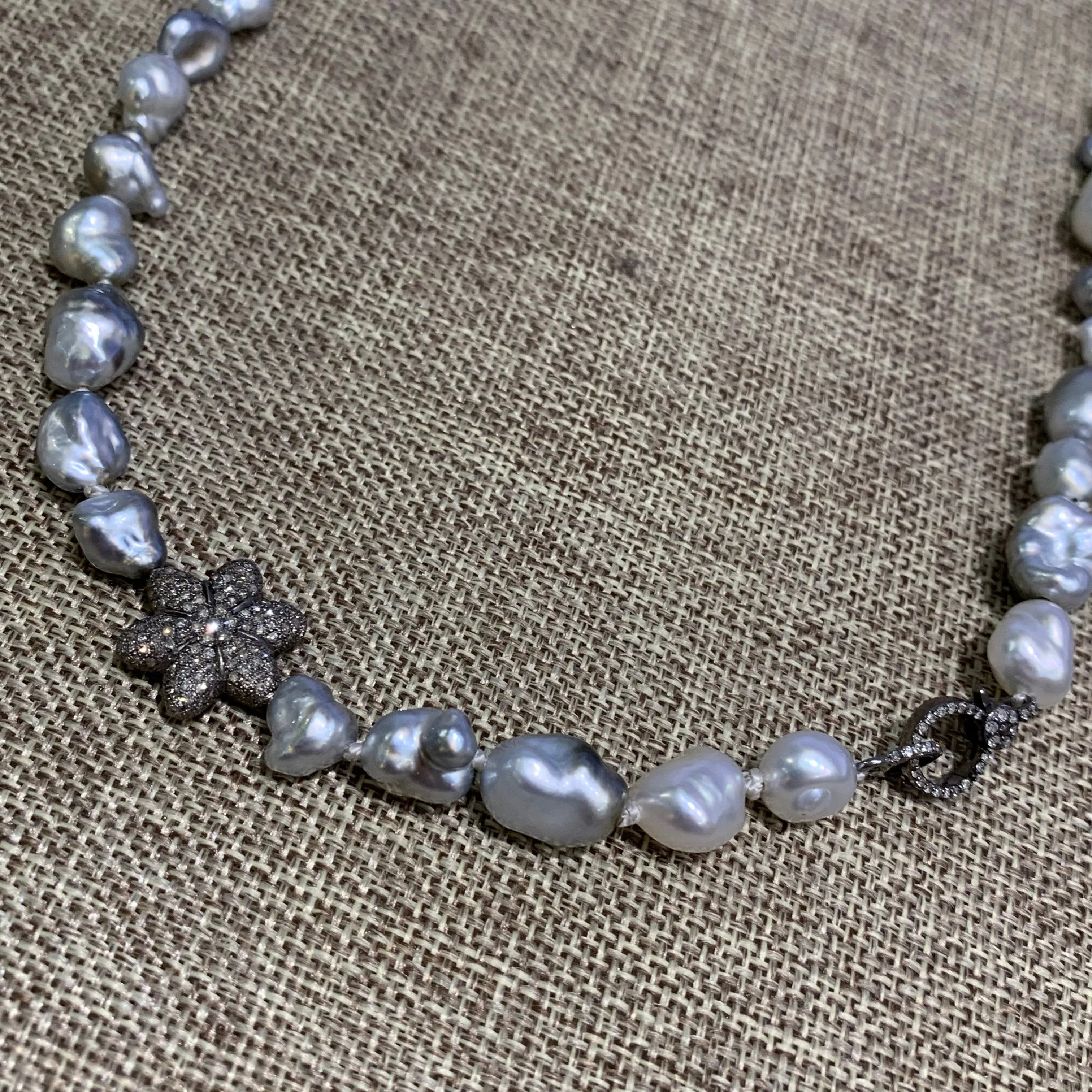 Mid-length Necklace | Keshi Pearls w/ Diamond Flower & Clasp | 20”
