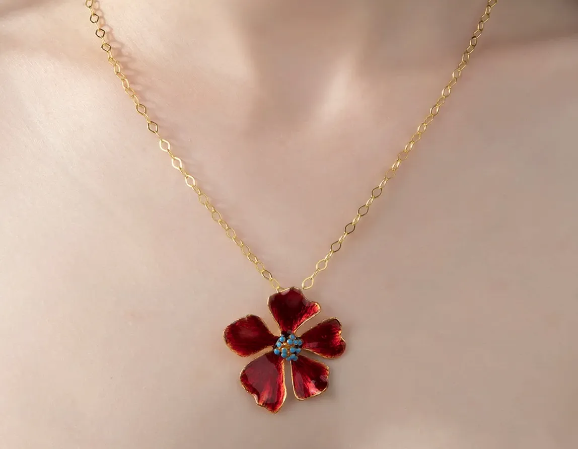 Milou Wild Rose Flower Necklace - Red & Turquoise