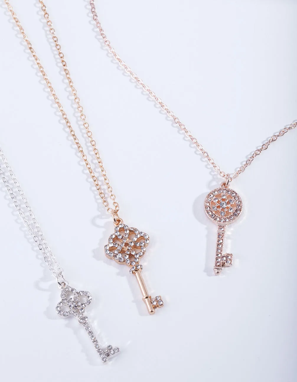 Mixed Metal Diamante Key Necklace Pack