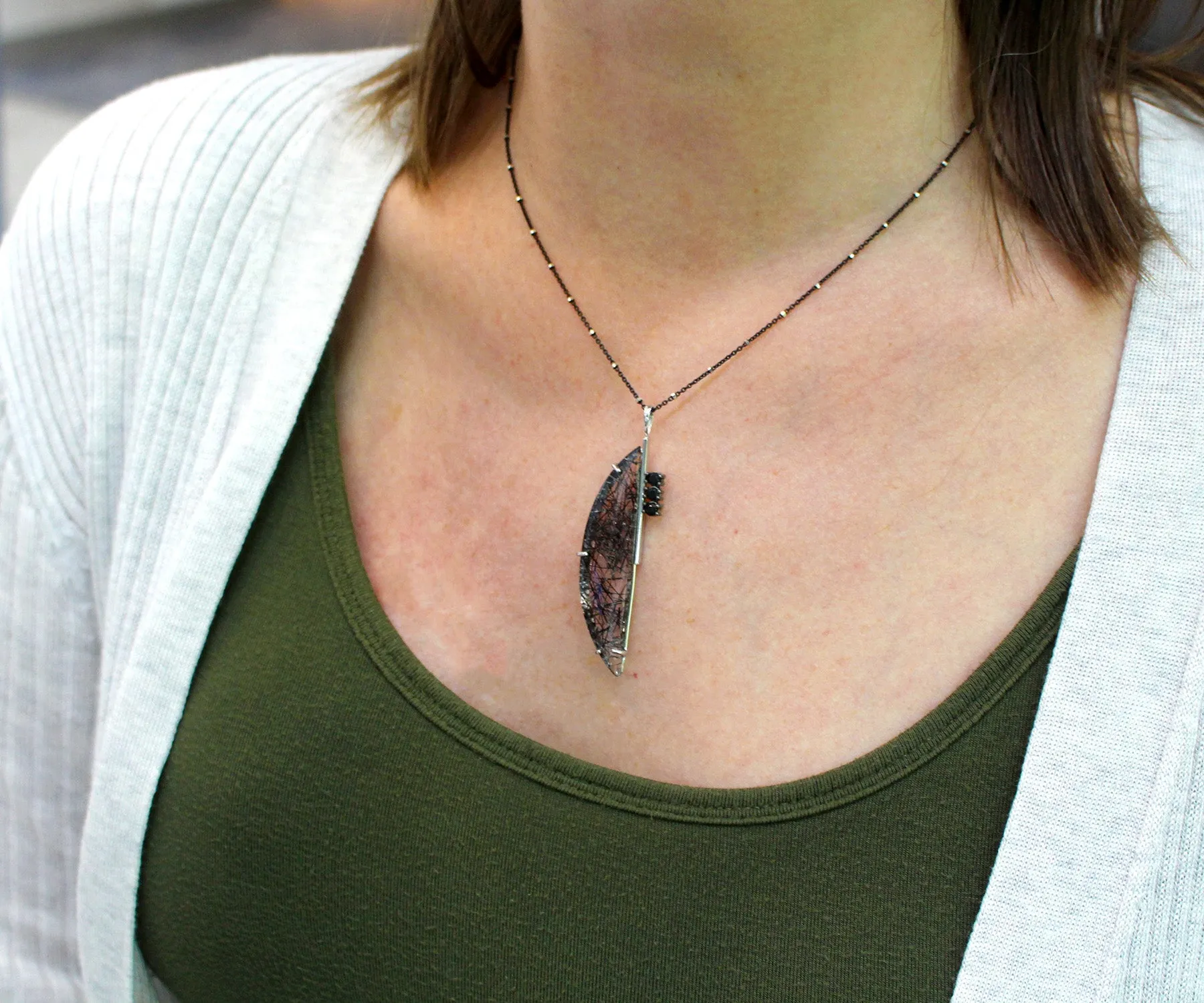 Modern Angular Rutilated Quartz Onyx Necklace