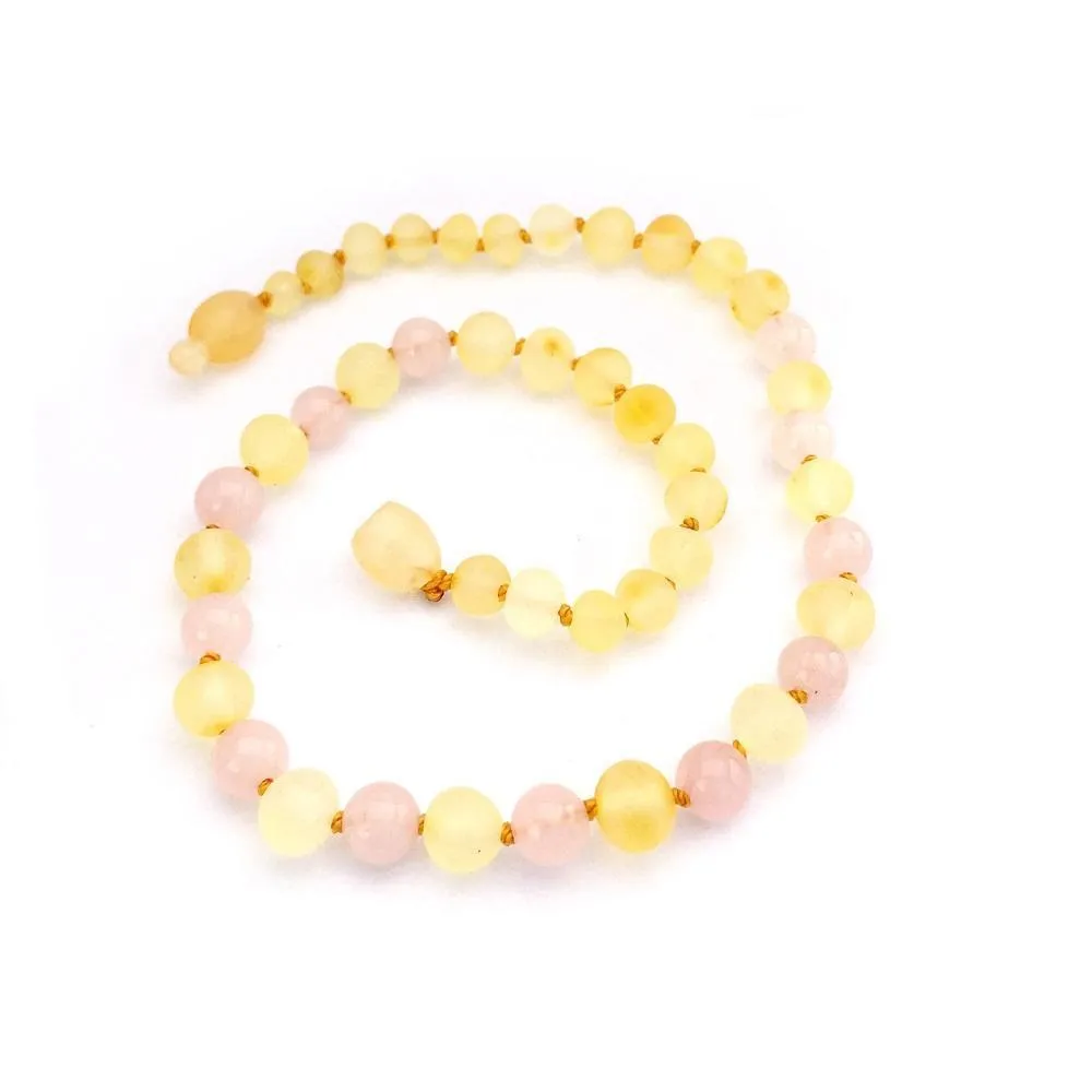 Momma Goose Baltic Amber Teething Necklace (Raw Lemon & Rose Quartz)