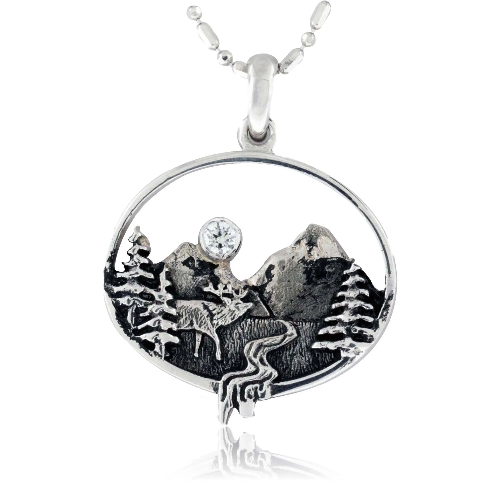 Mountain and Elk Scene Oval Necklace