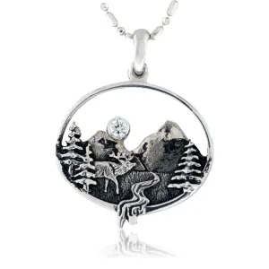 Mountain and Elk Scene Oval Necklace