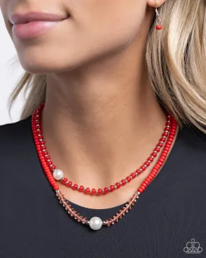 Multicolored Masquerade - Red - and Pink Faceted Bead, White Pearl Tiered Paparazzi Short Necklace