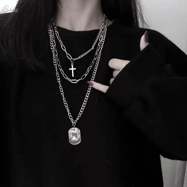 Multilayer Necklace Metal Cross Pendant