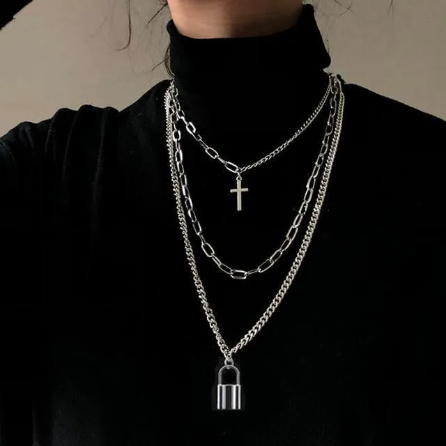 Multilayer Necklace Metal Cross Pendant