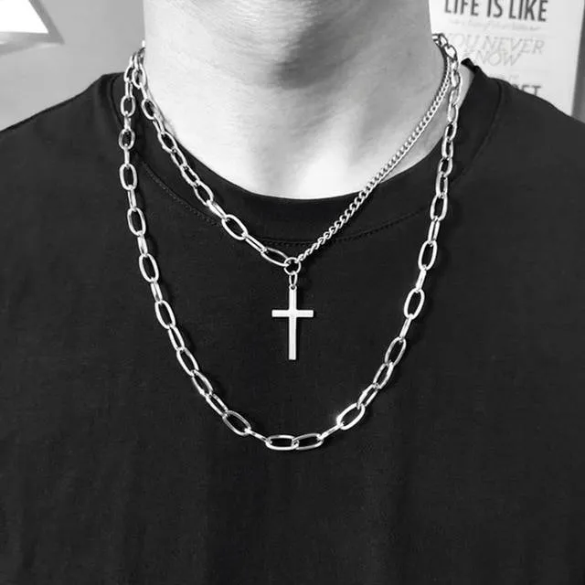 Multilayer Necklace Metal Cross Pendant
