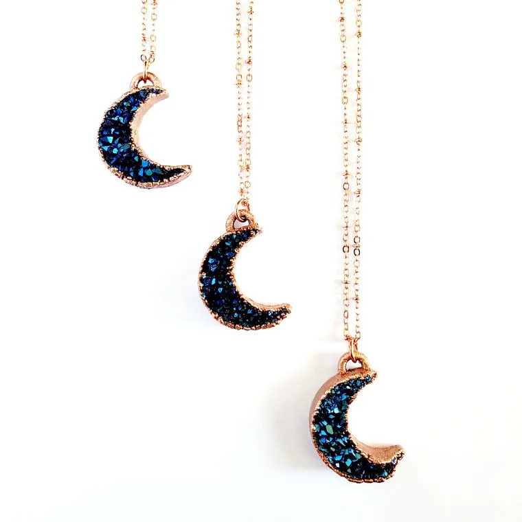 Mystic Blue Titanium Druzy Moon Necklace