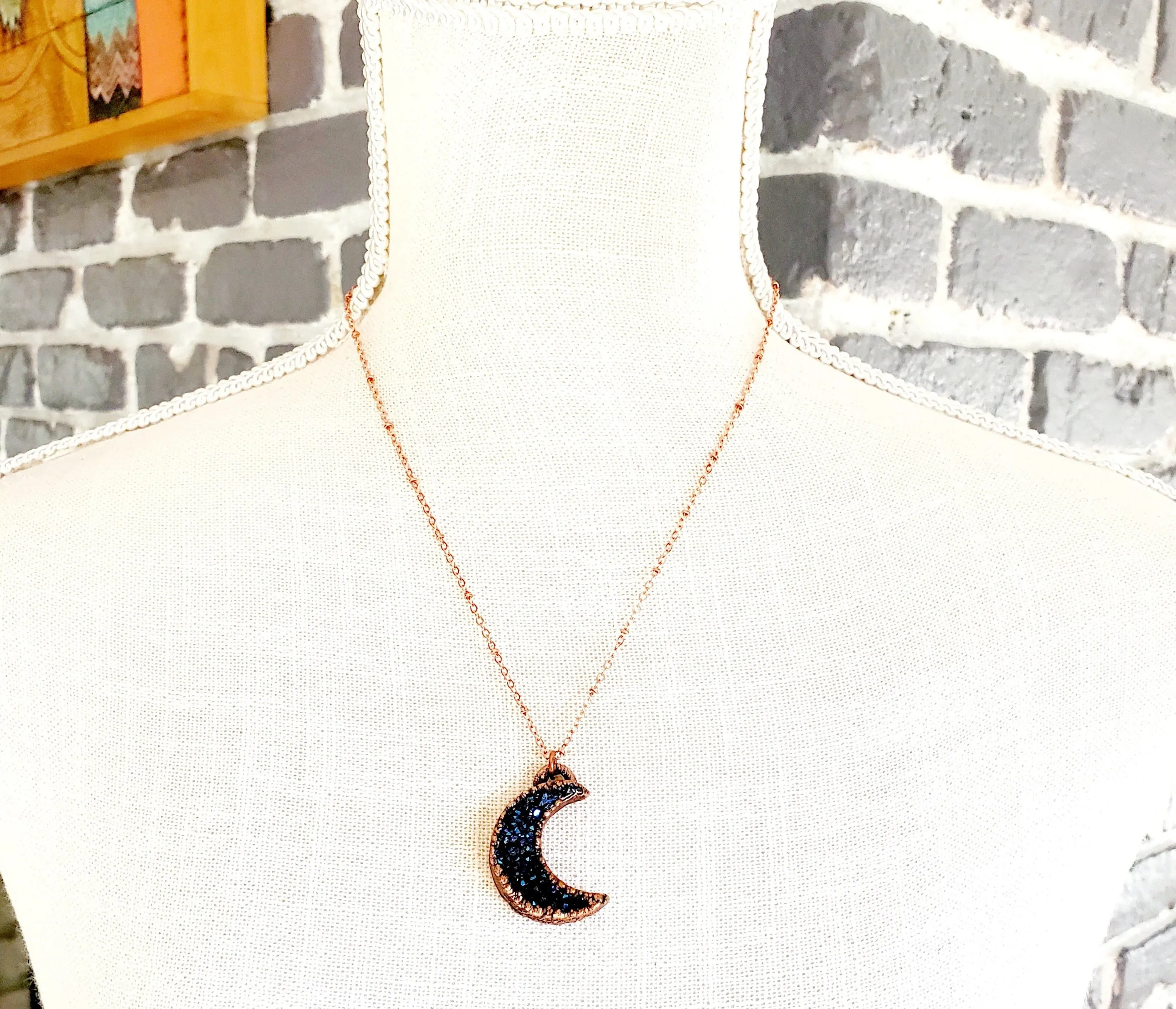 Mystic Blue Titanium Druzy Moon Necklace