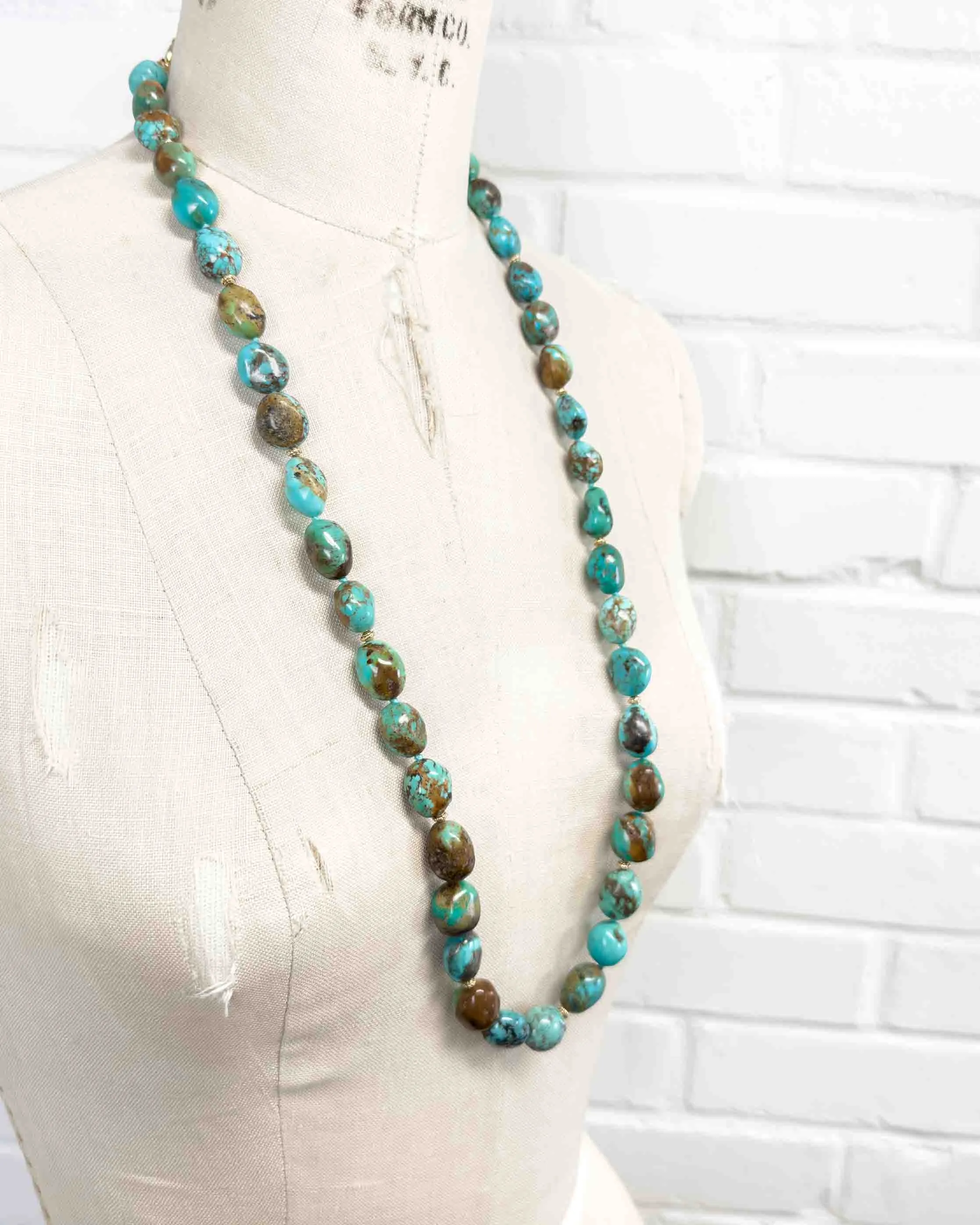 Natural Arizona Kingman Turquoise Nugget Long Knotted Necklace
