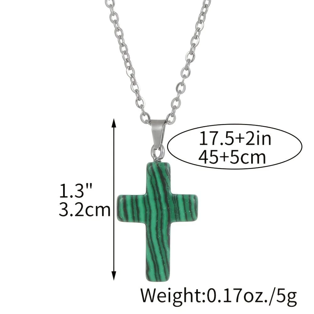 Natural Stone Cross Gemstone Pendant Necklace Cross Quartz Crystal Necklace