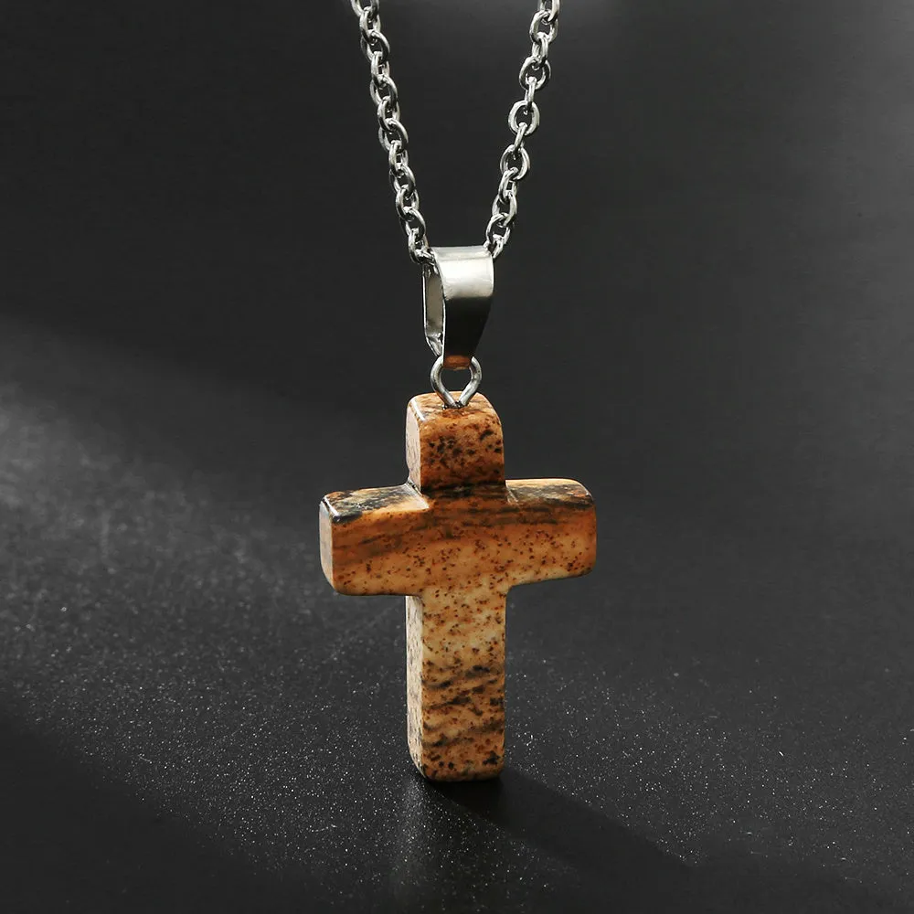 Natural Stone Cross Gemstone Pendant Necklace Cross Quartz Crystal Necklace