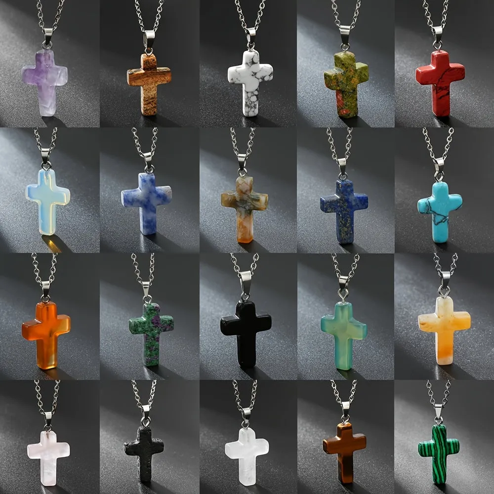 Natural Stone Cross Gemstone Pendant Necklace Cross Quartz Crystal Necklace
