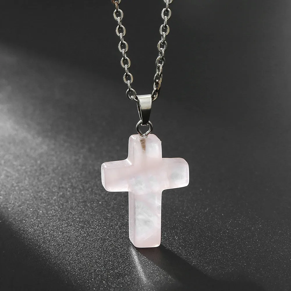 Natural Stone Cross Gemstone Pendant Necklace Cross Quartz Crystal Necklace