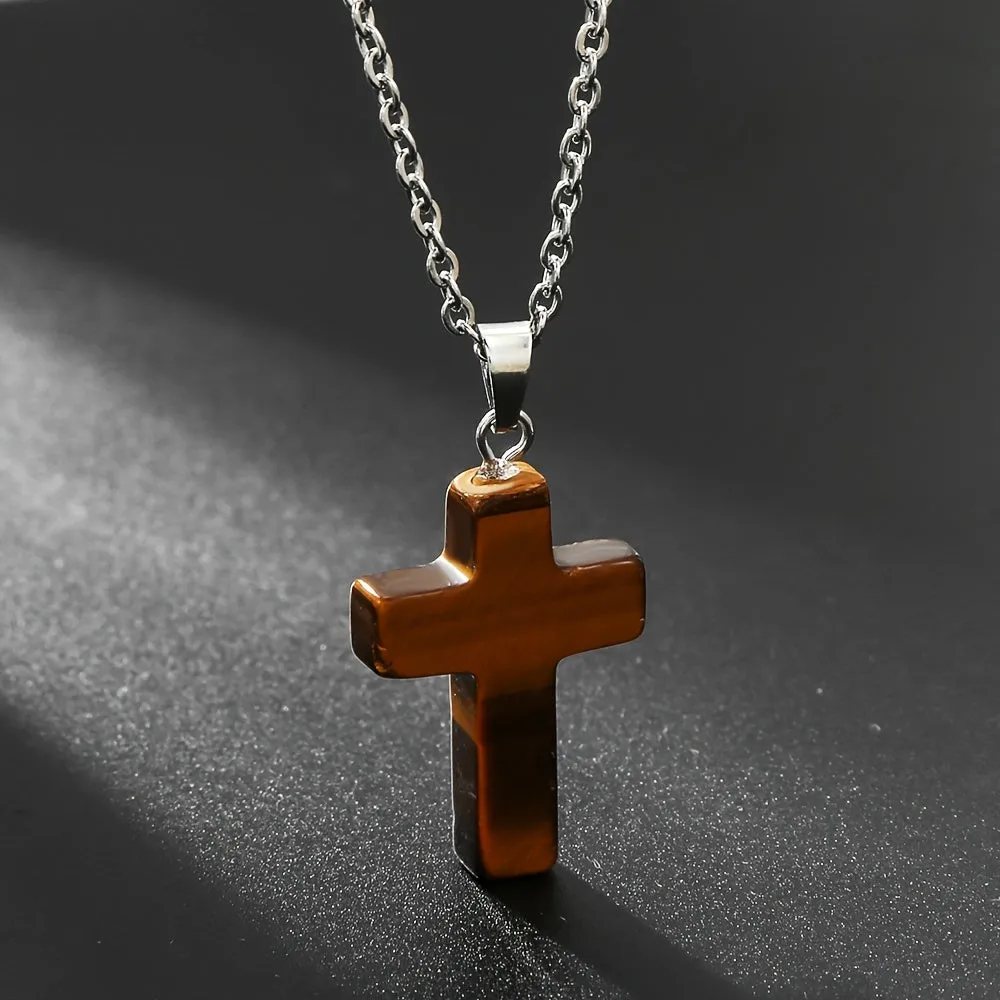 Natural Stone Cross Gemstone Pendant Necklace Cross Quartz Crystal Necklace